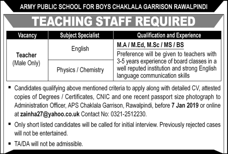 Army Public School Chaklala Rawalpindi Jobs 2019 for Teachers