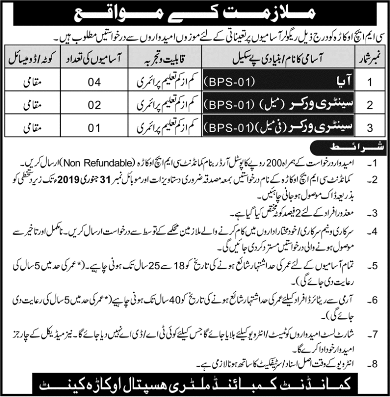 CMH Okara Jobs 2019 for 7+ Sanitary & Aya Staff