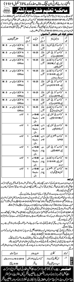 Bahawalnagar Education Department Jobs 2019 for 14+ Junior Clerks & Support Staff (Disable Quota)