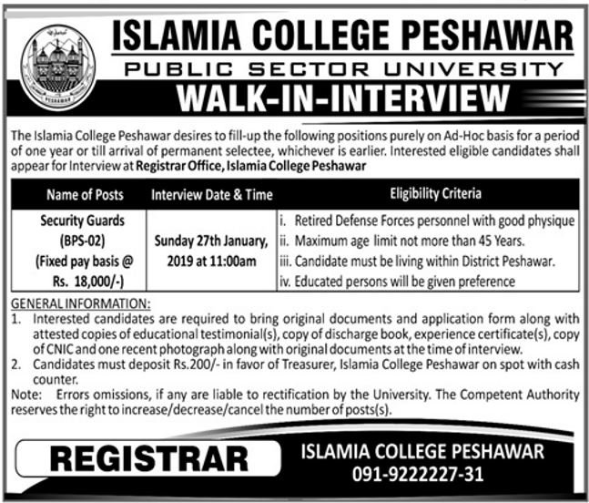 Islamia College Peshawar Jobs 2019 for Security Guards (Walk-in Interviews)