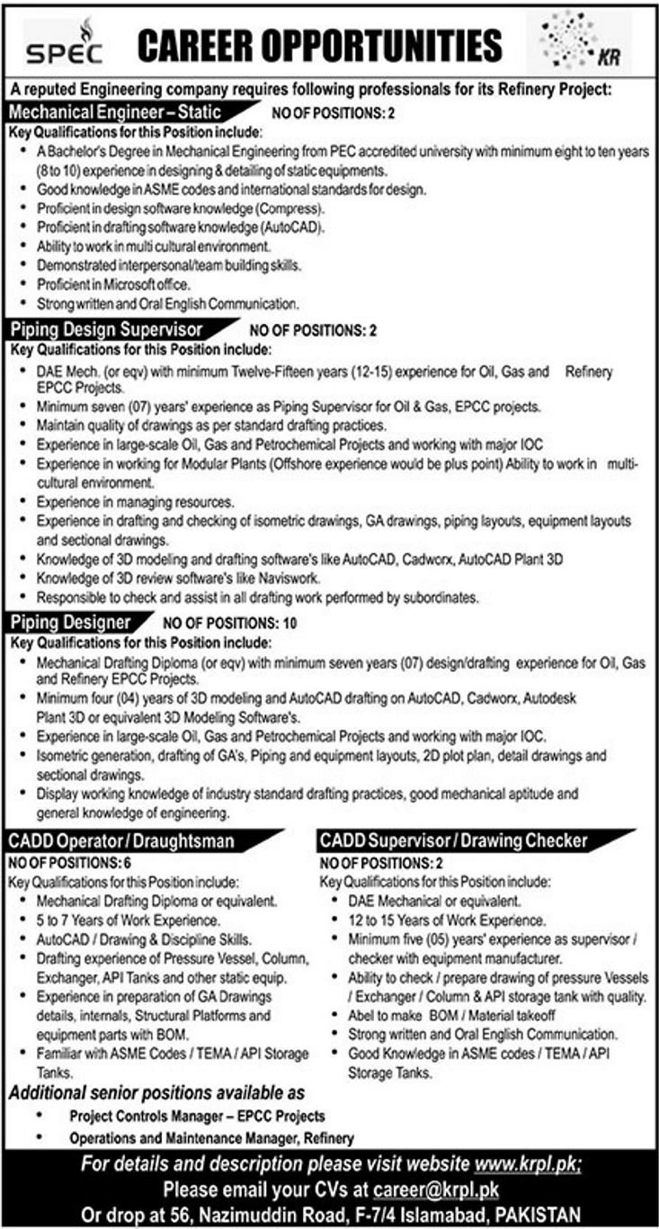 Khyber Refinery / SPEC Jobs 2019 for 22+ Engineering, DAE & CADD Posts