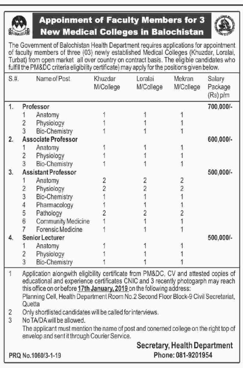 Balochistan Health Department Jobs 2019 for Teaching Faculty at Medical Colleges