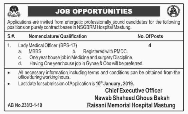 NSGBRM Hospital Mastung Jobs 2019 for 4+ Lady Medical Officers