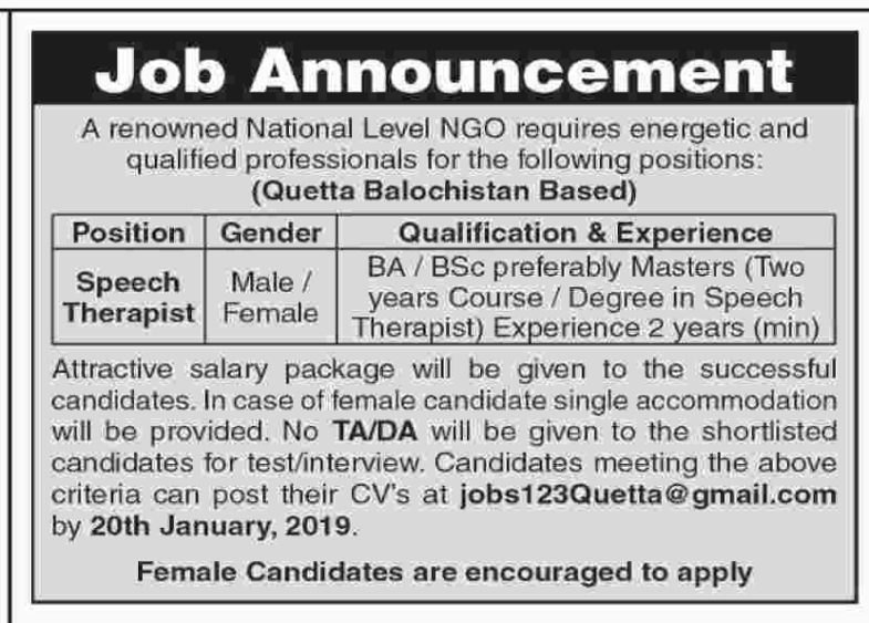 Quetta Based National NGO Jobs 2019 for Speech Therapist