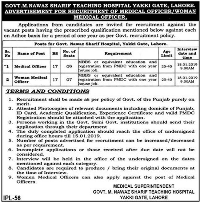 Govt M.Nawaz Sharif Teaching Hospital Lahore Jobs 2019 for 16+ Medical Officers (Man/Woman)