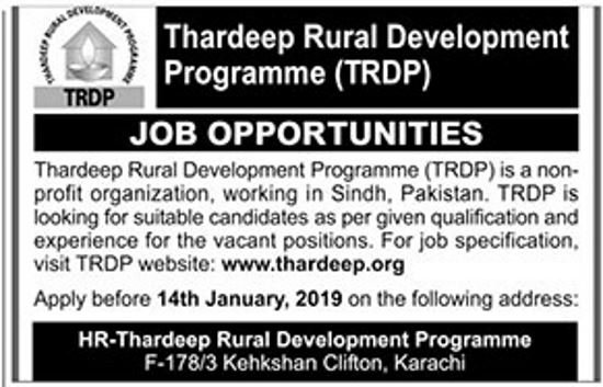 Thardeep Rural Development Programme (TRDP) Jobs 2019 for Various Vacancies in Sindh