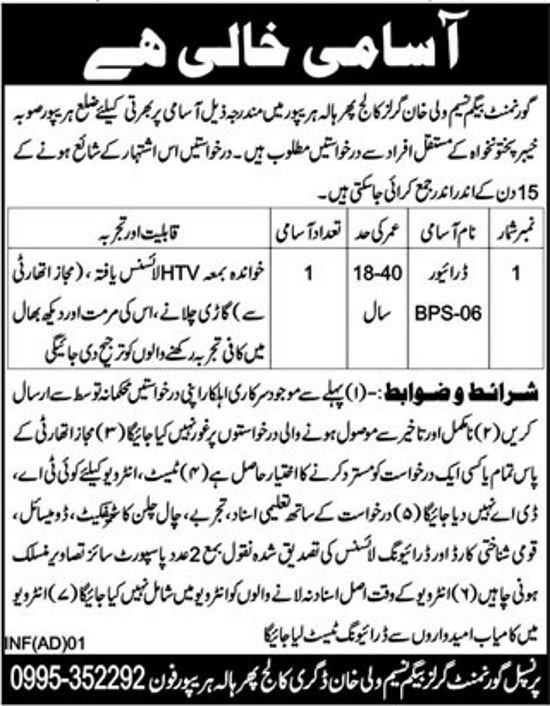 Govt Begum Naseem Wali Khan Girls College Haripur Jobs 2019 for Driver Posts