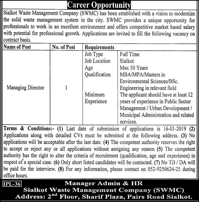 Sialkot Waste Management Company (SWMC) Jobs 2019 for Managing Director