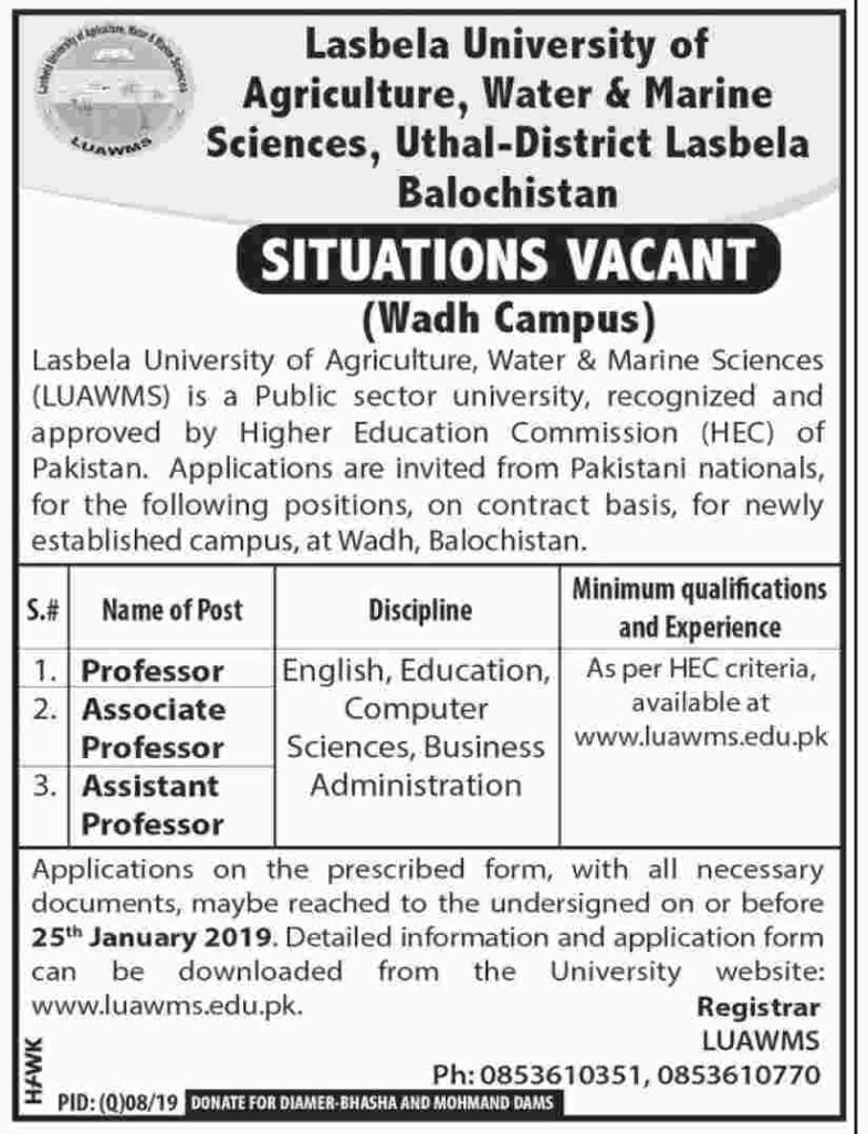 Lasbela University (LUWAMS) Balochistan Jobs 2019 for Teaching Faculty