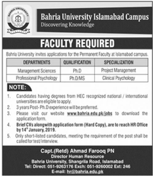 Bahria University (Islamabad) Jobs 2019 for Lab Psychologist & Teaching Faculty