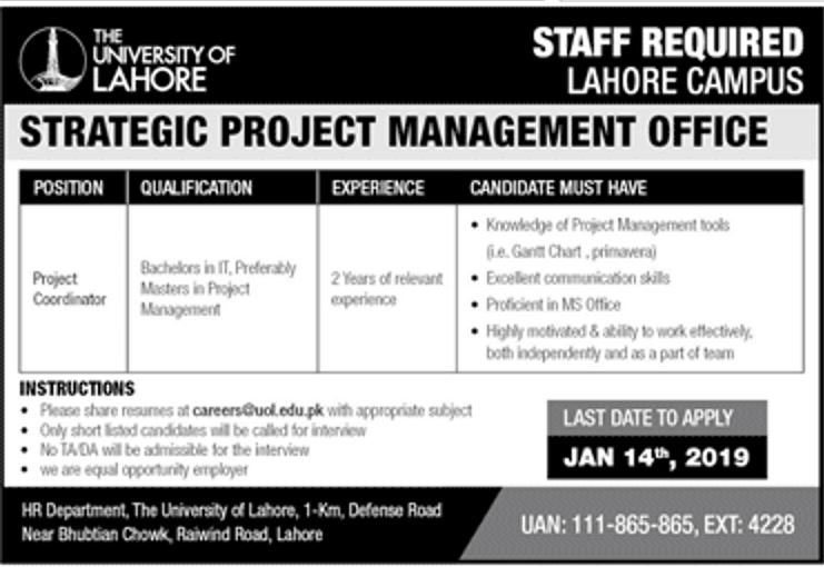 University of Lahore Jobs 2019 for Project Coordinator