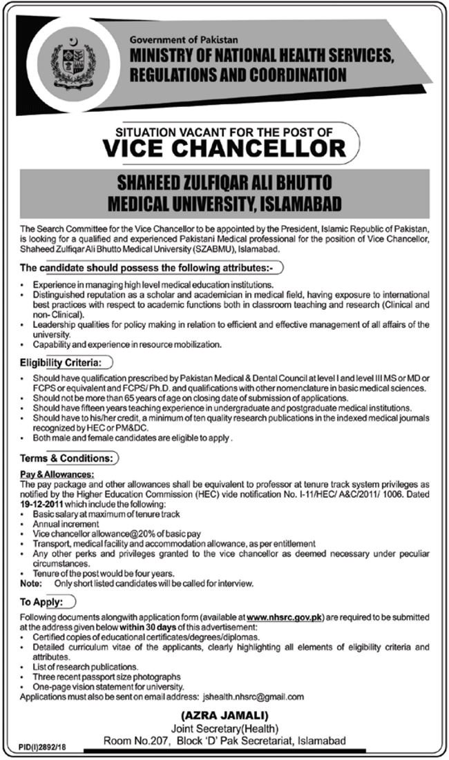 Ministry of National Health Services, Regulations & Coordination Jobs 2019 for Vice Chancellor
