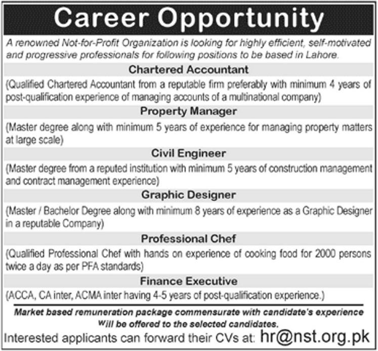 NST NGO Jobs 2019 for Accountant/Finance, Property Manager, Chief Engineer, Chef and Graphic Designer Posts