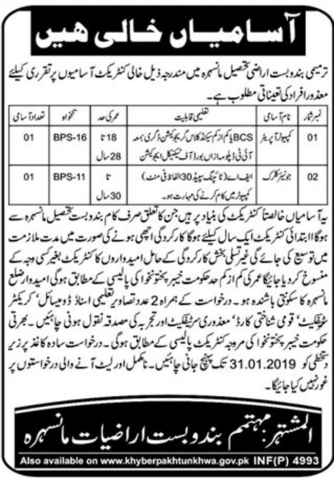 Manshera District Govt Jobs 2019 for Jr Clerk & Computer Operator