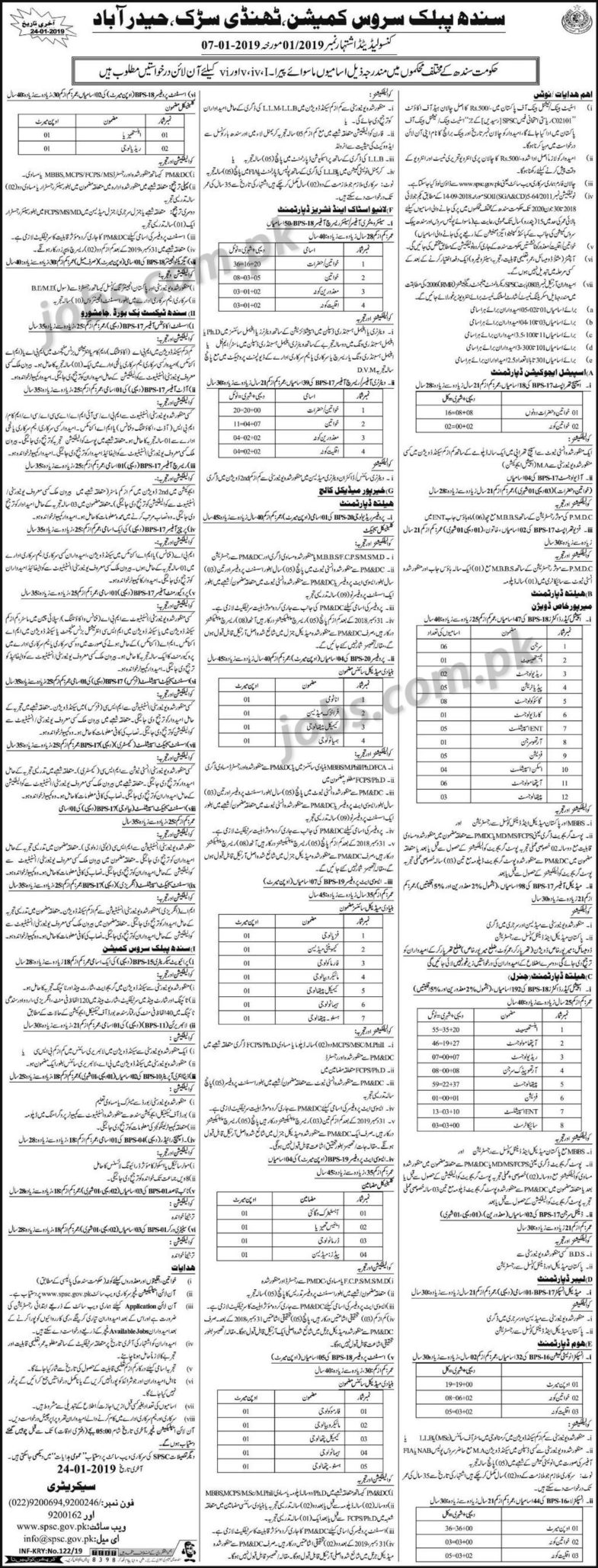 SPSC Jobs (1/2019): 572+ Medical, Inspectors, Doctors, Research Officers, Teaching, DEO & Other Posts in Sindh Government
