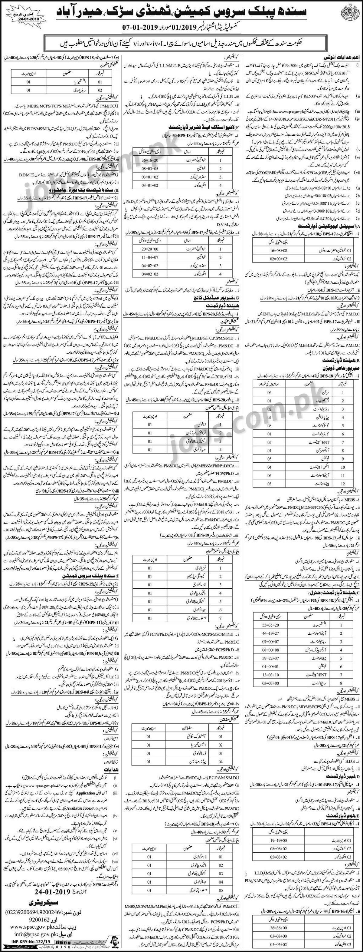 SPSC Jobs (1/2019): 572+ Medical, Inspectors, Doctors, Research Officers, Teaching, DEO & Other Posts in Sindh Government