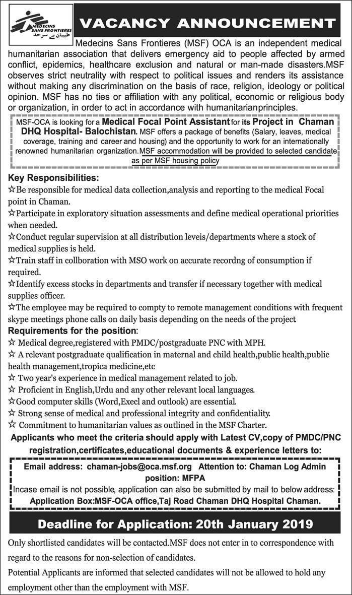 MSF NGO Jobs 2019 for Medical Focal Point Assistant