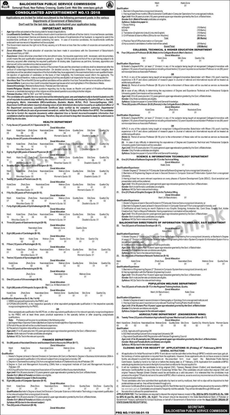 BPSC Jobs 2019 (13/2018): 532+ Medical, IT, Admin, Teaching & Other Posts in Balochistan Govt