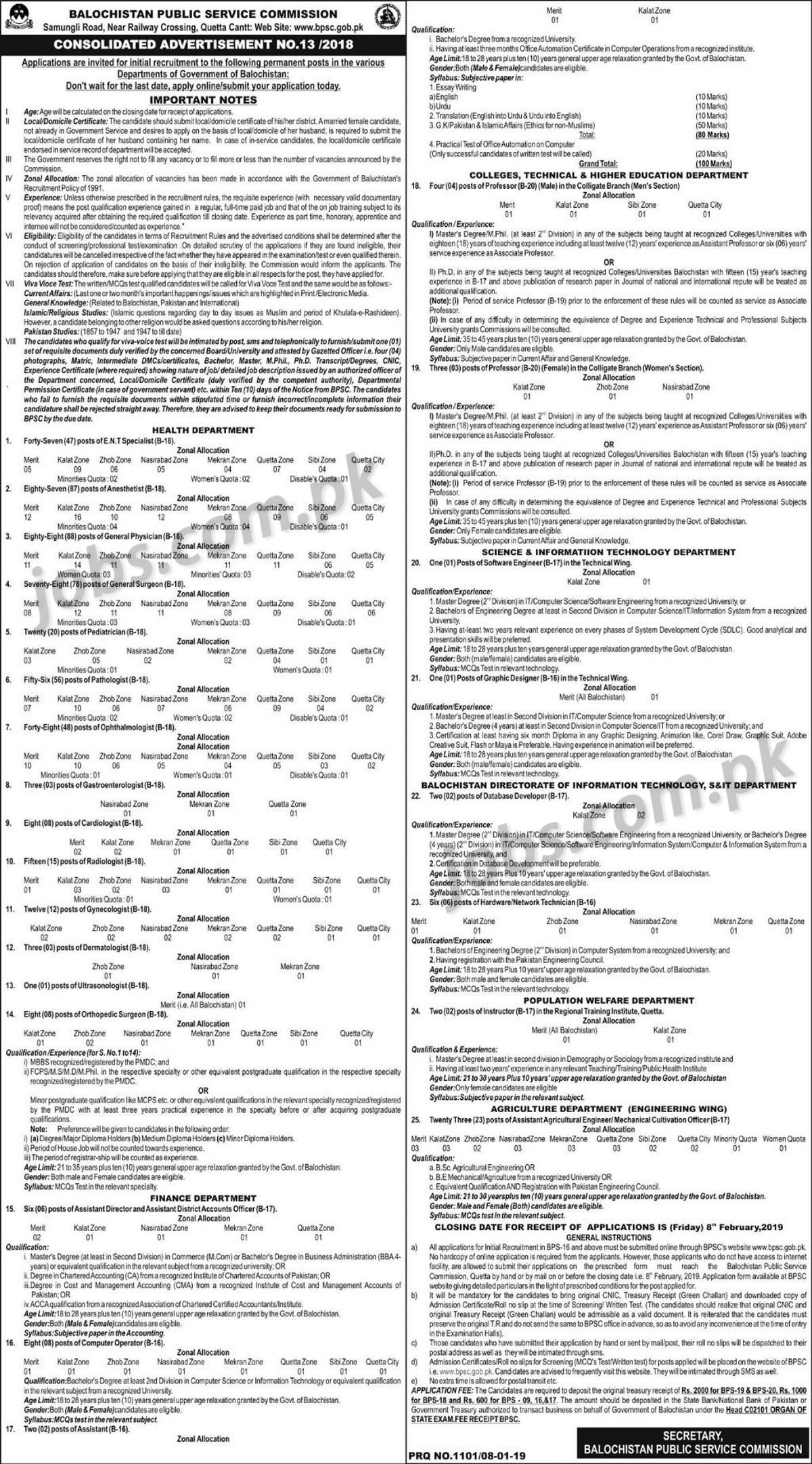 BPSC Jobs 2019 (13/2018): 532+ Medical, IT, Admin, Teaching & Other Posts in Balochistan Govt