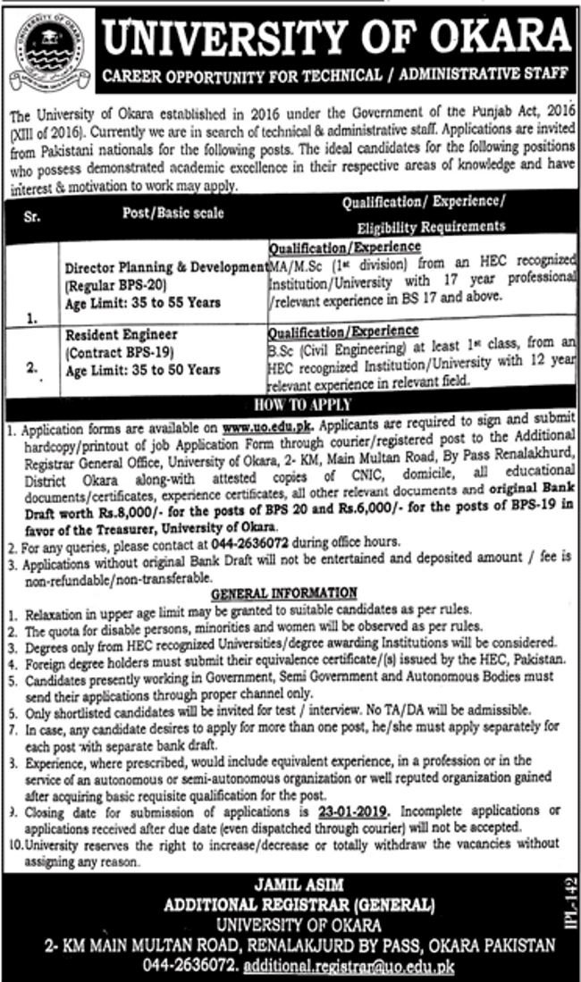 University of Okara Jobs 2019 for Resident Engineer and Director Posts