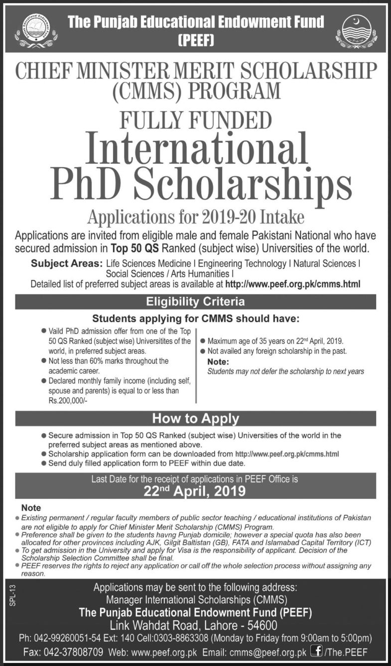 PEEF / CM Punjab Merit Scholarship Program 2019