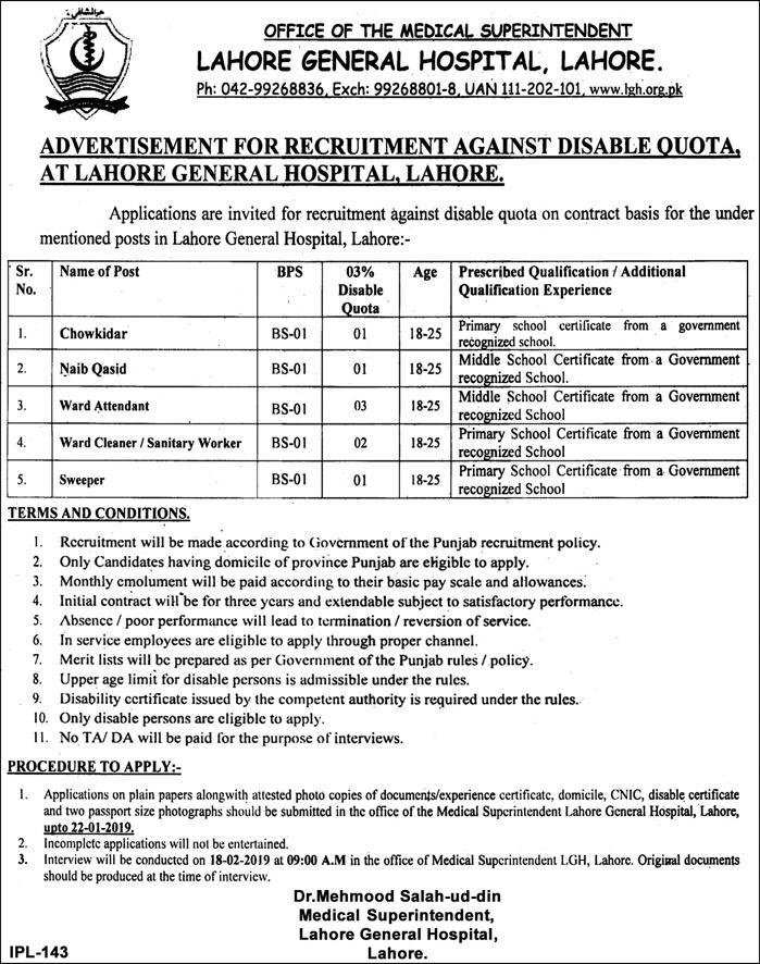 Disabled Quota: Lahore General Hospital Jobs 2019 for 8+ Naib Qasid & Other Support Staff