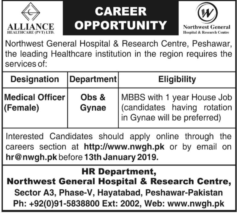 Northwest General Hospital & Research Centre Peshawar Jobs 2019 for Medical Officers (Female)
