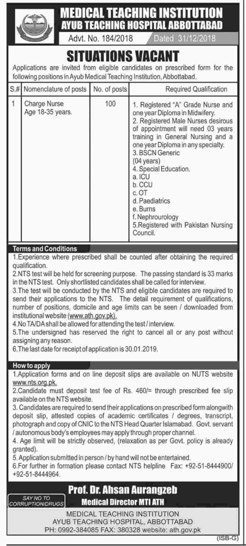 Ayub Teaching Hospital Jobs 2019 for 100+ Charge Nurses (Download NTS Form)