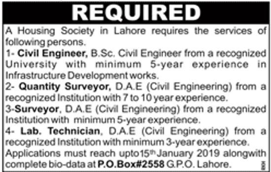 Lahore Housing Society Jobs 2019 for Engineers, Surveyors, DAE and Lab Technicians