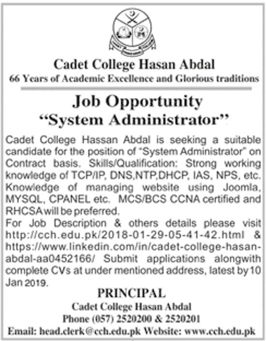 Cadet College Hasan Abdal Jobs 2019 for IT / System Administrator