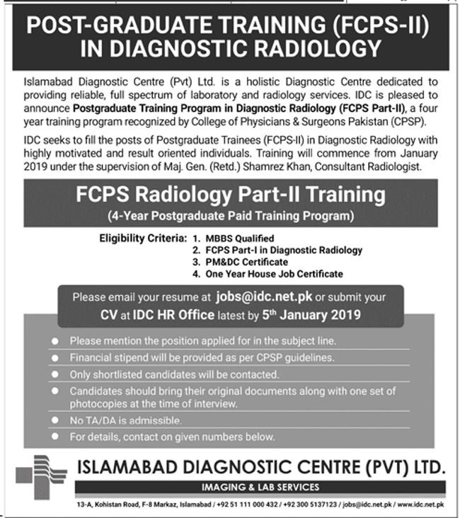 Islamabad Diagnostic Centre Post-Graduate Training Program 2019