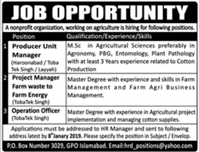 Islamabad NGO Jobs 2019 for Operation Officer, Agriculture and Managers