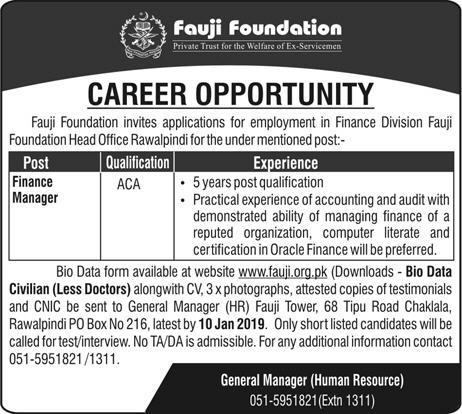 Fauji Foundation Jobs 2019 for Finance Manager