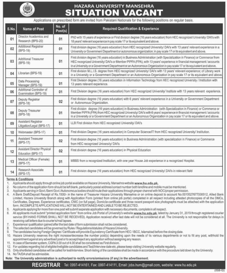 Hazara University Mansehra KP Jobs 2019 for 17+ IT, Finance, Admin, Librarian, Medical, Research & Other Non-Teaching Staff
