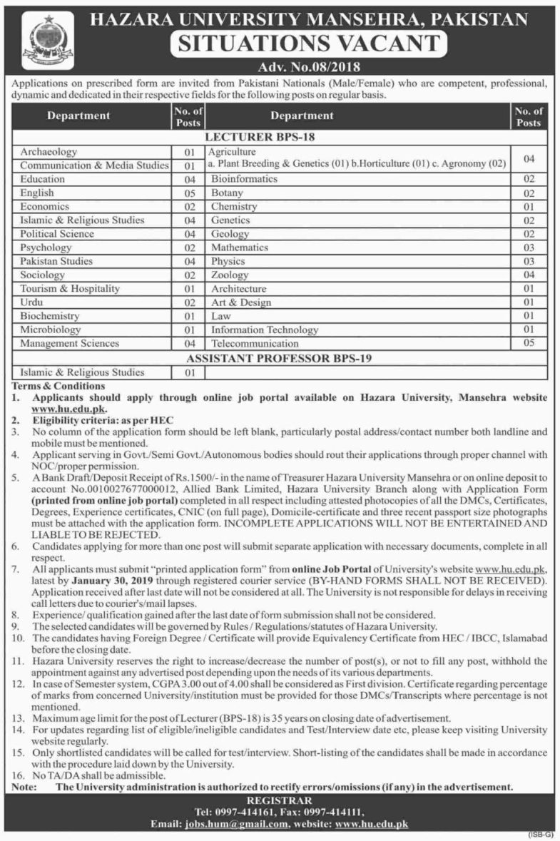 Hazara University Mansehra KP Jobs 2019 for 73+ Teaching Faculty Posts