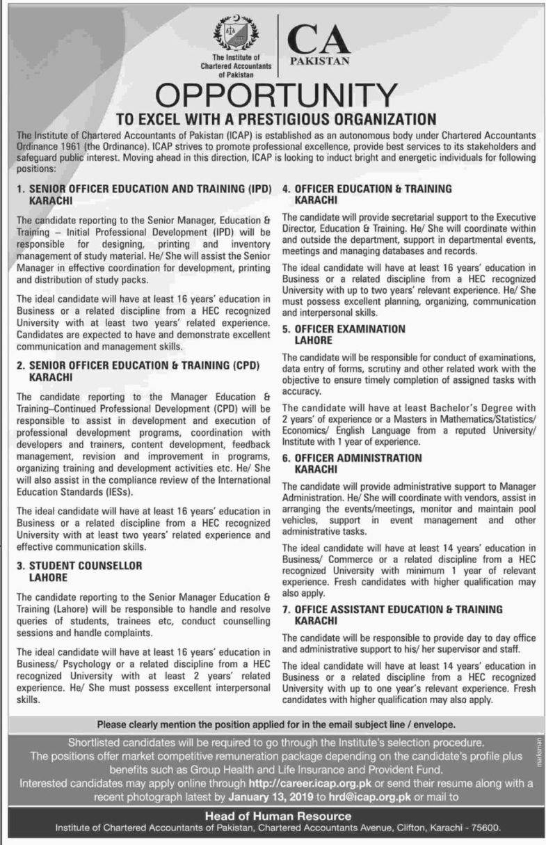 CA Pakistan Jobs 2019 for Office, Admin and Education & Training Officers