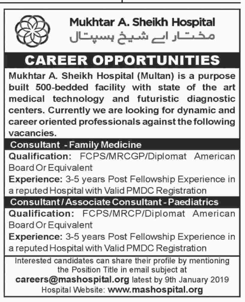 Mukhtar A. Sheikh Hospital Multan Jobs 2019 for Medical Consultants