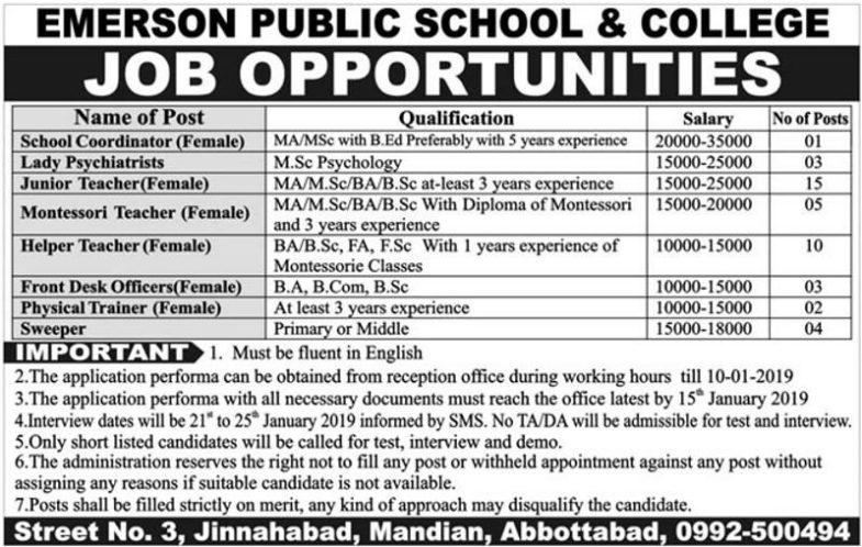 Emerson Public School / College Abbottabad Jobs 2019 for Coordinator, Teachers, Front Desk, PTI & Support Staff