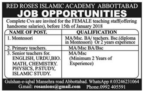 Red Roses Islamic Academy Abbottabad Jobs 2019 for Teachers