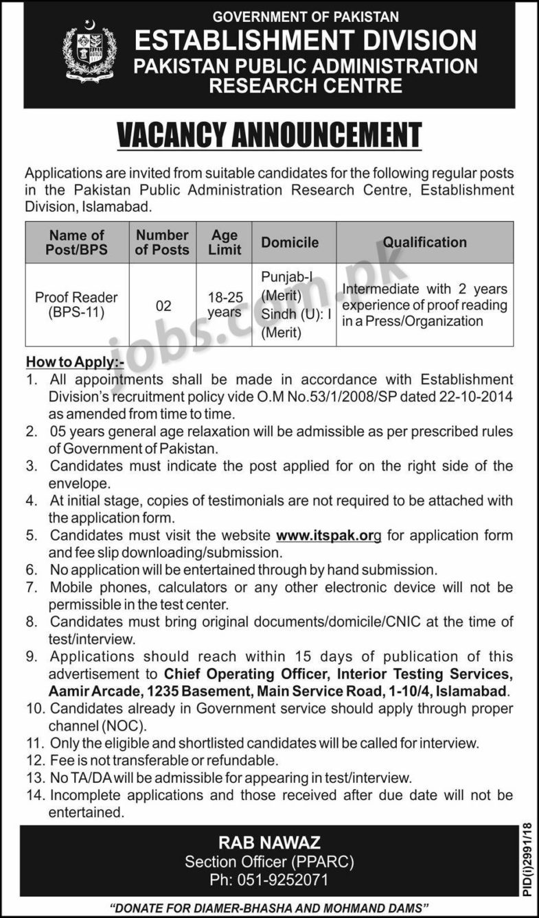 Establishment Division Pakistan Jobs 2019 for 2+ Proof Readers