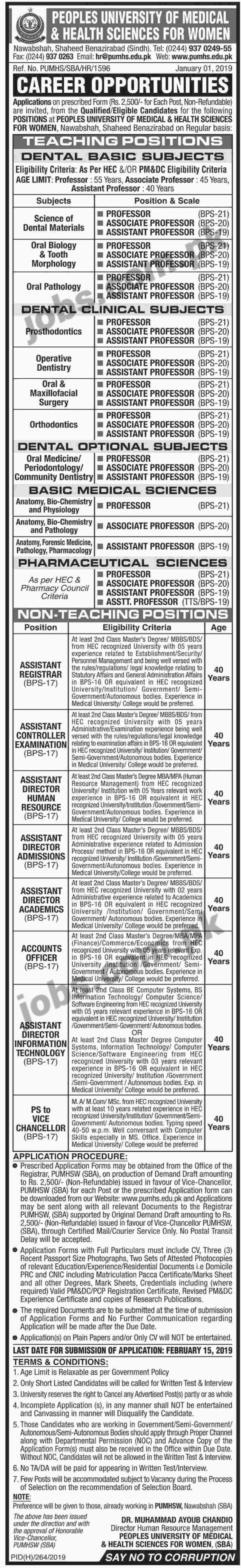 Peoples University of Medical & Health Sciences for Women Jobs 2019 for 50+ Teaching & Non-Teaching Posts
