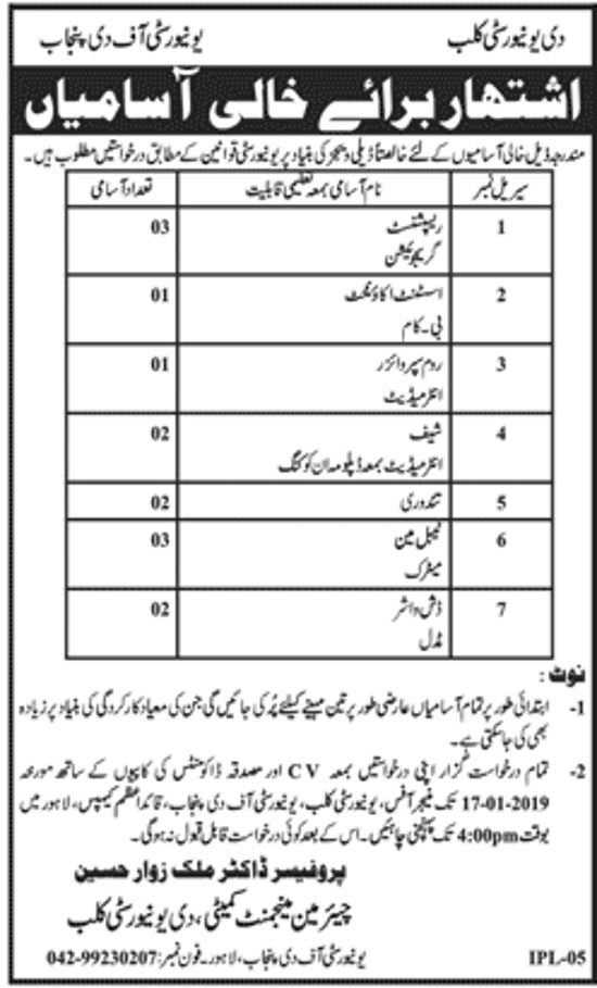 University of Punjab Jobs 2019 for 14+ Receptionist, Asst Accountant, Supervisor & Support Staff