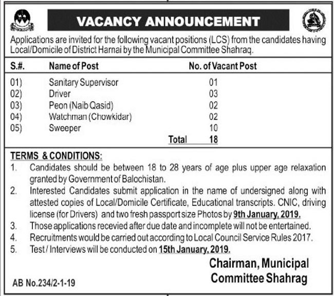 Municipal Committee Shahraq Balochistan Jobs 2019 for 18+ Sanitary Supervisor, Drivers & Other Support Staff