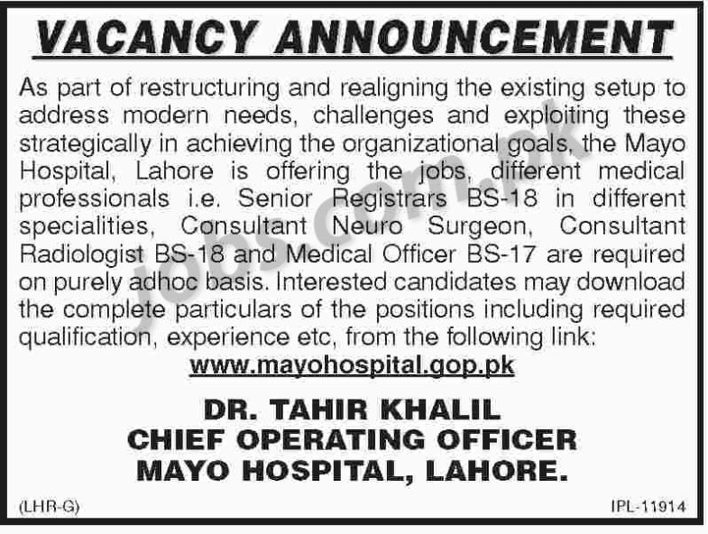 Mayo Hospital Jobs 2019 for Medical Officers, Sr Registrars, Consultants and Other Specialists