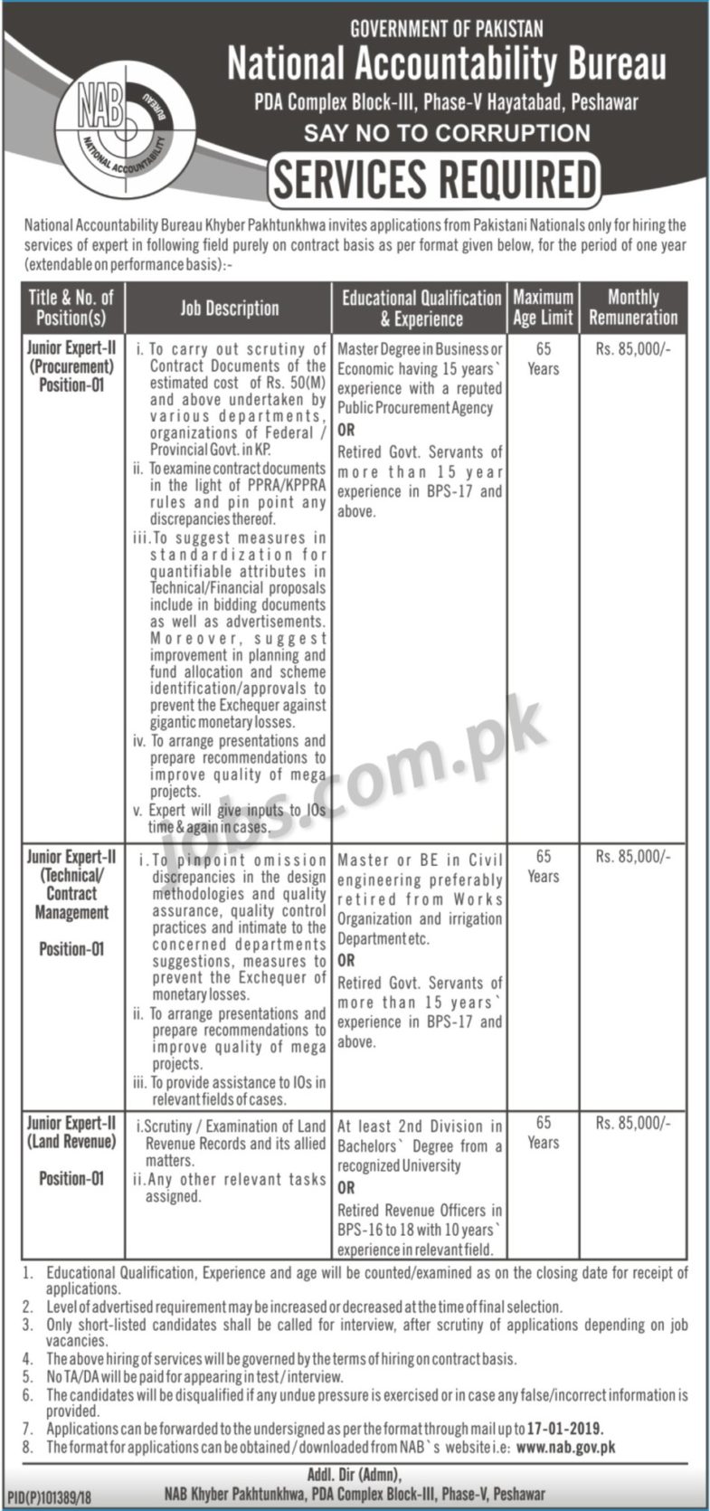 NAB Jobs 2019 for Junior Experts-II (Land Revenue, Procurement and Contract Management) Posts