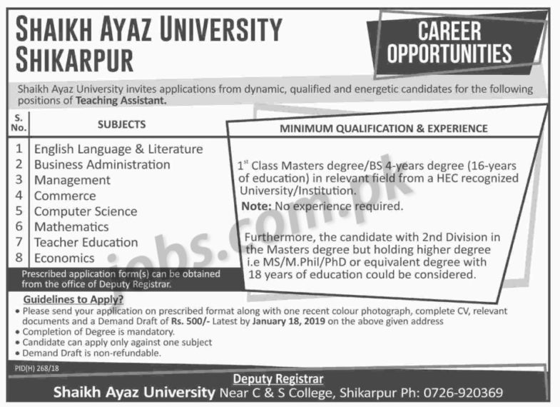 Shaikh Ayaz University Shikarpur Jobs 2019 for Teaching Assistants
