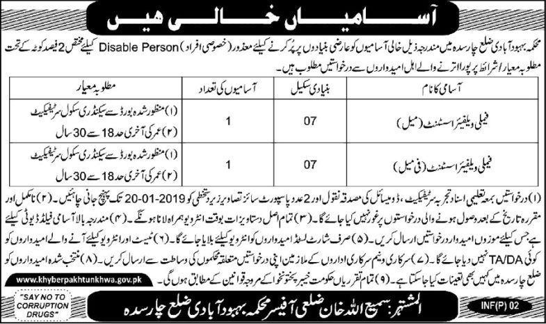 KP Population Welfare Department Jobs 2019 for Family Welfare Assistants (Male/Female) (Charsadda)