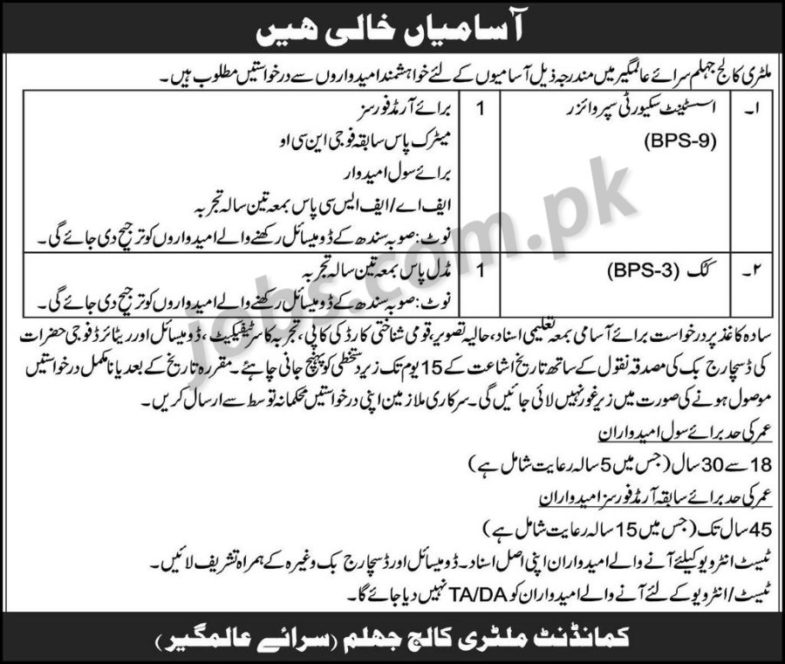 Military College Jhelum Jobs 2019 for Assistant Security Supervisor and Cook Posts