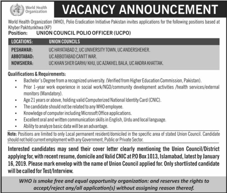 World Health Organization (WHO) Jobs 2019 for UC Polio Officers (Multiple Cities)