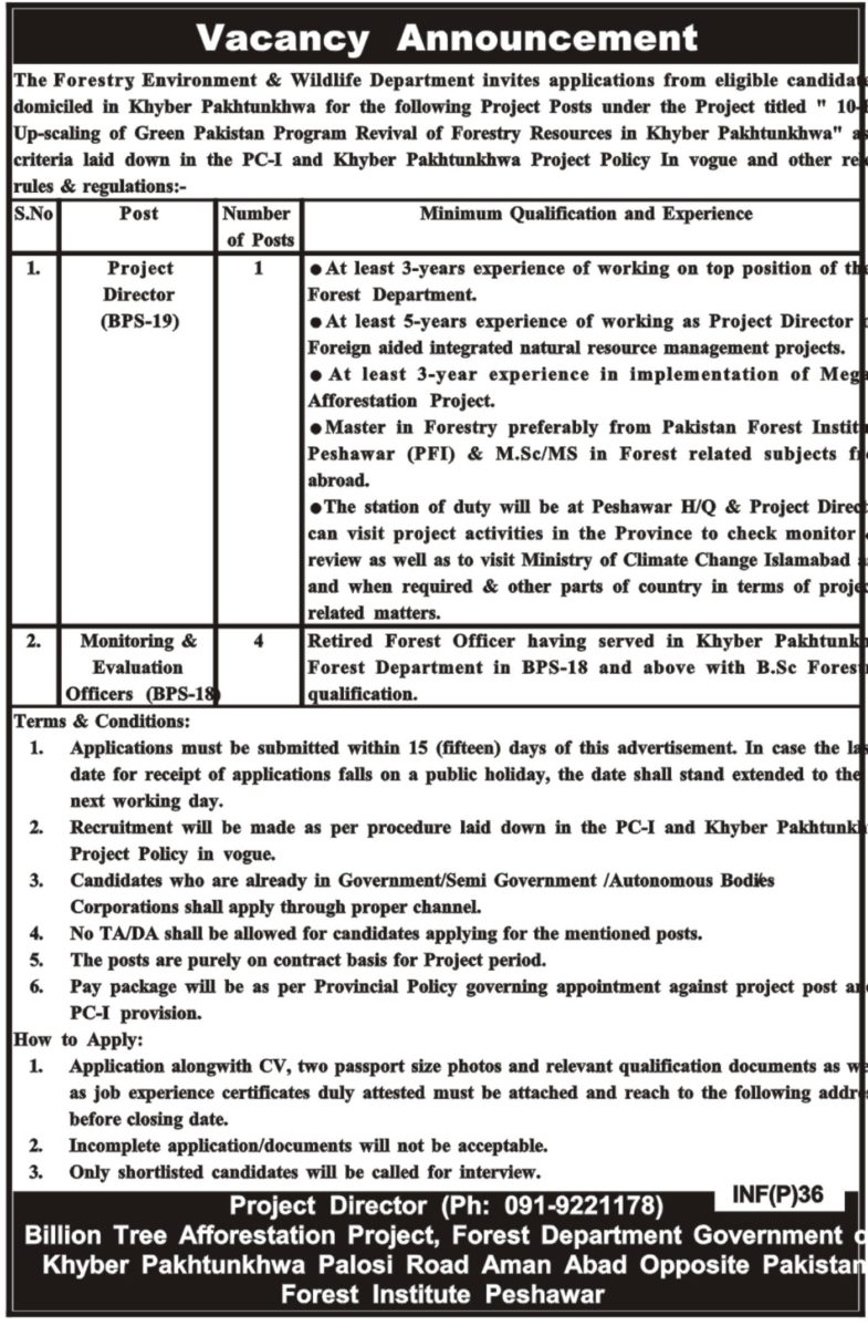 KP Forestry Environment & Wildlife Department Jobs 2019 for 5+ M&E Officers and Project Director